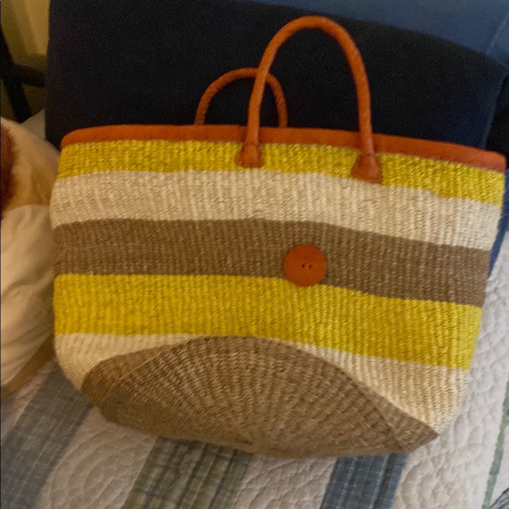 Striped Woven Tote Bag - Yellow, Brown, and Cream